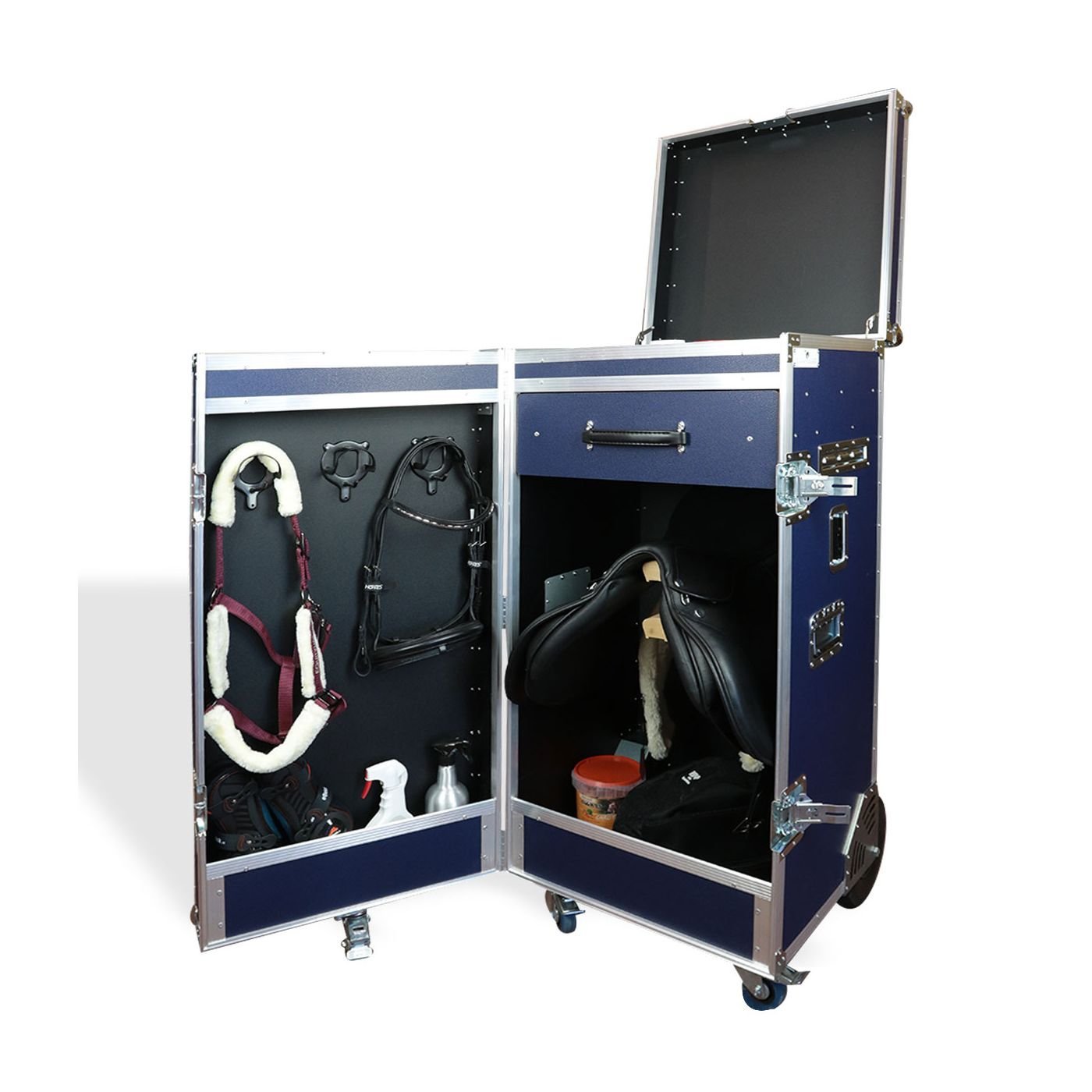 Malle de concours en bois avec 2 porte-selles et tiroir amovible