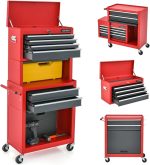 Servante d’atelier métal 5 tiroirs avec coffre amovible – Hauteur 132cm, Noir + Rouge