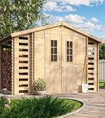 Abri de jardin en bois avec bûcher et plancher traité 4,47 m² portes doubles et fenêtres
