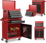 Servante d’atelier métal 5 tiroirs 2 étagères verrouillable – Rouge+noir