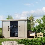 Abri de jardin en métal toit plat porte coulissante gris