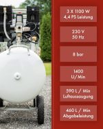 Compresseur d’air 100 L 8 bar sans huile 590 l/min 3300 W avec séparateur d’eau et réducteur de pression