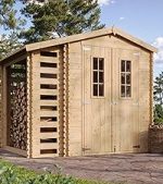 Abri de jardin en bois avec bûcher et plancher traité 4,47 m² portes doubles et fenêtres